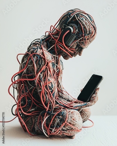 Addiction of social media networks and internet. Man concected via cable to a smartphone. Generative Ai