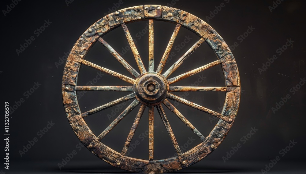 Obraz premium A weathered wooden wagon wheel with 12 spokes against a dark background.