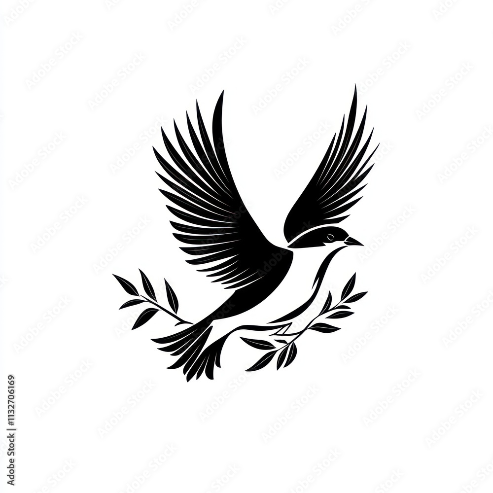 Fototapeta premium Black silhouette of a bird in flight with olive branches.