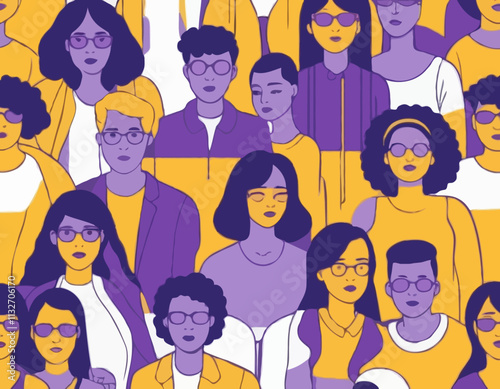 Group of non-binary people. Vector illustration in yellow-purple colors of diverse cartoon young adult people without gender identity in trendy flat style. Isolated on white