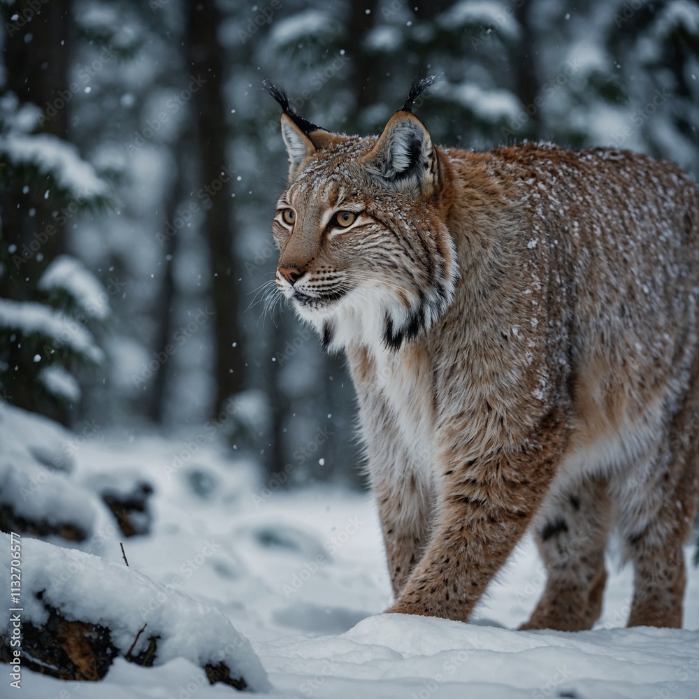 Obraz premium A lynx walking through a snowy forest.