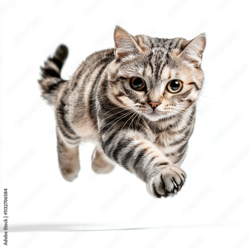 Obraz premium Playful jump of an american shorthair cat in studio environment