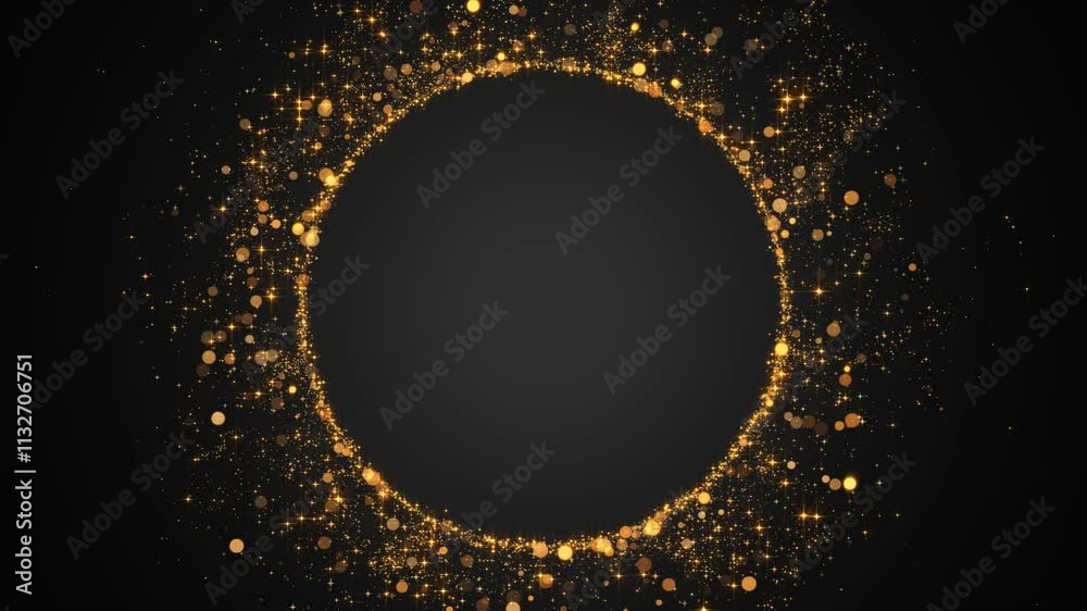 abstract gold circle frame with golden glitter shiny stars and bokeh lights and particle ,dark luxury  holiday christmas and new year  social media motion background