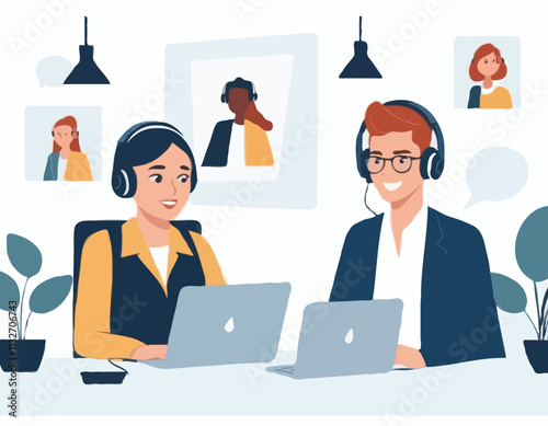 Online job interview concept. Vector illustration in a modern flat style of a young man in headphones who communicates with a female colleague via video call on a computer. Isolated on white