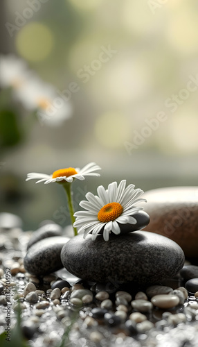 spa stones and daisy, Diffused lighting, with white tones