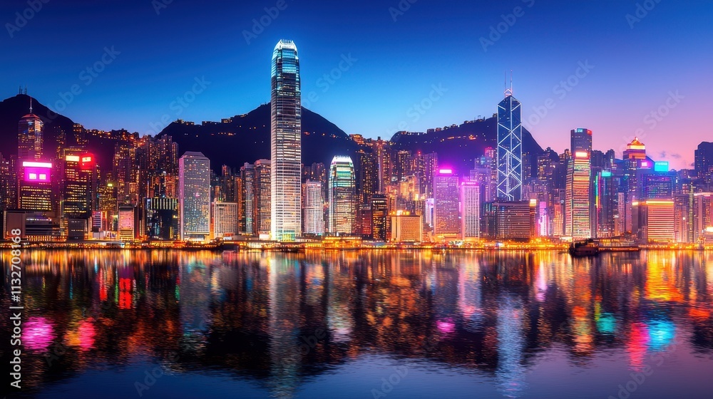Naklejka premium Vibrant Night View of Hong Kong Skyline with Reflections in Water
