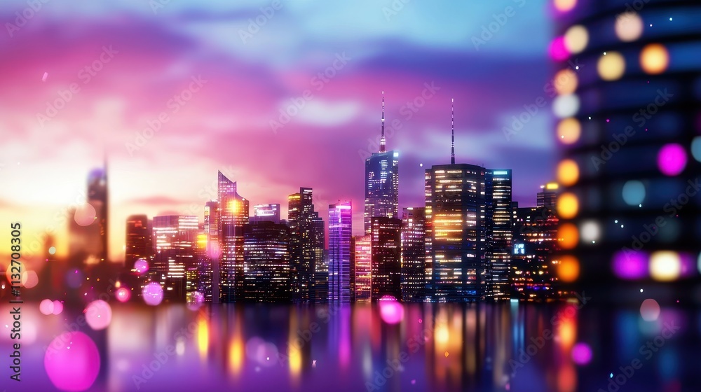 Fototapeta premium Vibrant City Skyline at Sunset with Colorful Lights Reflection