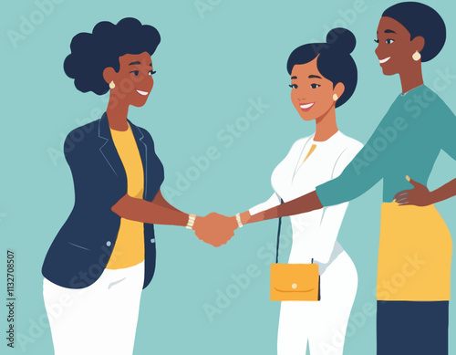 Hiring a new member. Vector illustration in cartoon flat style of the multiracial business team and two friendly women are shaking hands. Isolated on white