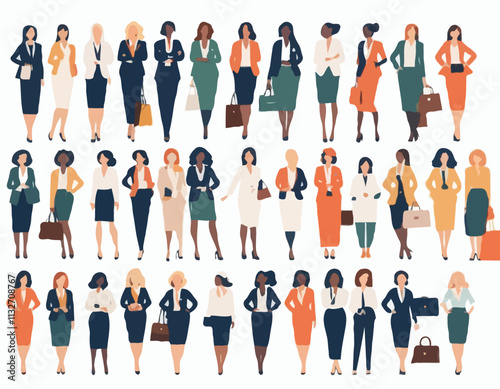 Business women collection. Vector illustration of diverse multinational standing cartoon women in office outfits. Isolated on white.