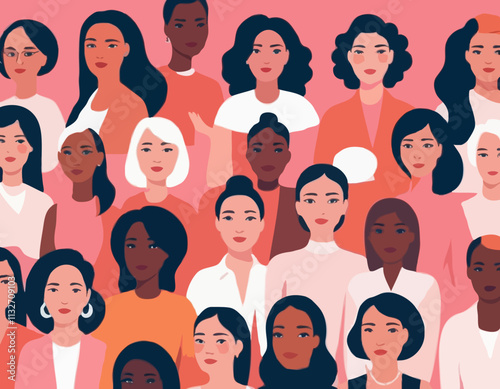 International Women's Day concept. Vector horizontal illustration in modern flat style of a big group of diverse multiracial women. Isolated on pink background