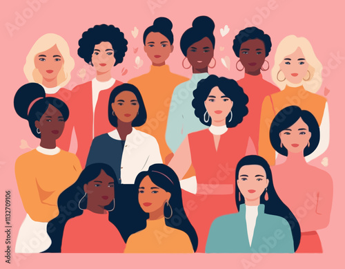 International Women's Day concept. Vector horizontal illustration in modern flat style of a big group of diverse multiracial women. Isolated on pink background
