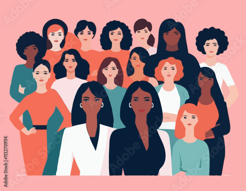 International Women's Day concept. Vector horizontal illustration in modern flat style of a big group of diverse multiracial women. Isolated on pink background