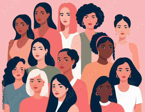 International Women's Day concept. Vector horizontal illustration in modern flat style of a big group of diverse multiracial women. Isolated on pink background