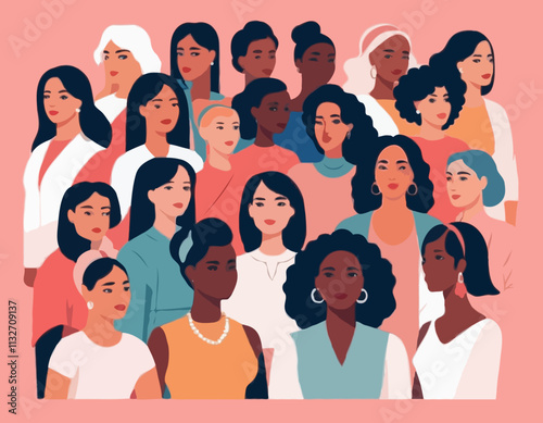 International Women's Day concept. Vector horizontal illustration in modern flat style of a big group of diverse multiracial women. Isolated on pink background