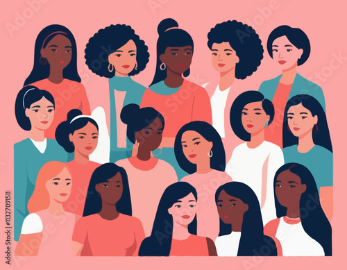 International Women's Day concept. Vector horizontal illustration in modern flat style of a big group of diverse multiracial women. Isolated on pink background