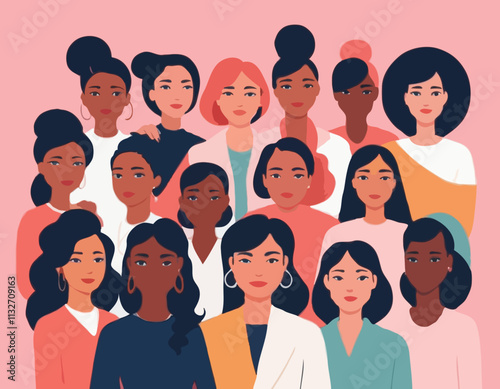 International Women's Day concept. Vector horizontal illustration in modern flat style of a big group of diverse multiracial women. Isolated on pink background
