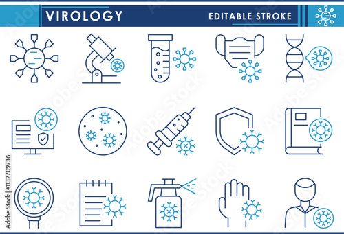 A set of line icons related to Virology. Virus, study, test tube, vaccine, mask, DNA, research, and so on. Vector editable stroke.