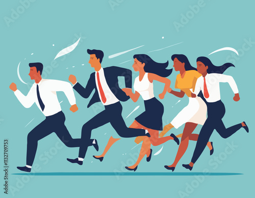 Business rivalry concept. Vector illustration in flat style of a group of diverse people in business attire running in a race. Isolated on background
