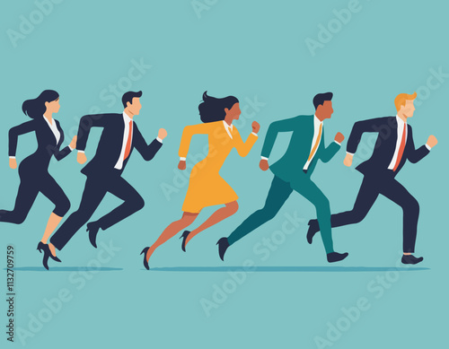 Business rivalry concept. Vector illustration in flat style of a group of diverse people in business attire running in a race. Isolated on background
