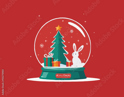 Merry Christmas greeting card. Vector cartoon illustration of the glass snow globe with a Christmas Tree, rabbit, and gift boxes inside. Isolated on red background