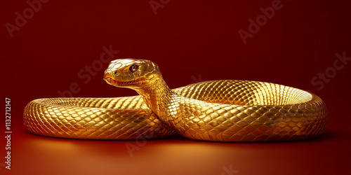 Luxurious golden snake with fine details, coiled elegantly on rich red background, exuding sense of opulence and allure