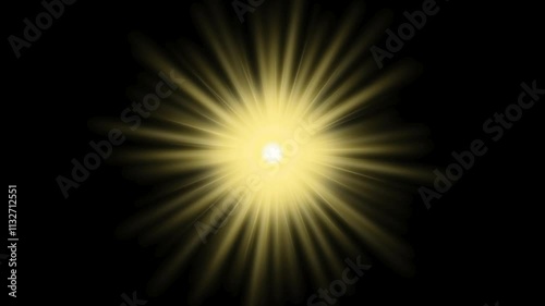 Glowing sun. Yellow sun rays shine glow light with Special lens flare effect. Sunburst beam sunshine glowing on black background. sun light lens flare animation. Shining sun for summer spring concept