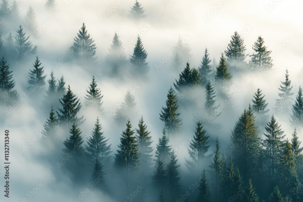 Obraz premium Serene Misty Forest Landscape with Pine Trees and Ethereal Fog in a Wooded Area Capturing Nature s Tranquility and Beauty
