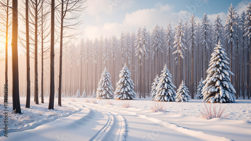 Traces of a snowmobile run, winter background and pine forest on a clear day. AI generated. photo