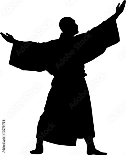 Vektor Silhouette Körper Mönch mit gehobenen Armen im Gewand - Ausgeglichenheit Konzentration und Einklang in der Balance - Tradition und Glaube - Einfachheit