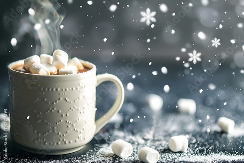 Warm Winter Hot Chocolate with Marshmallows and Snowflakes photo