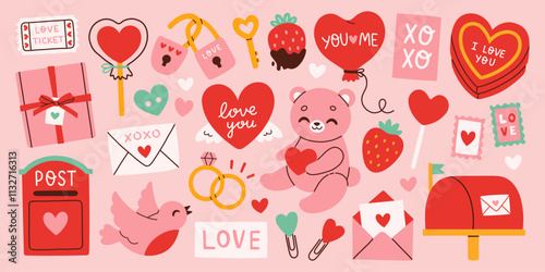 Cute love stickers set for daily planner and diary. Scrapbooking elements for valentines day heart, gift, chocolate box, teddy bear, mailbox and mail photo