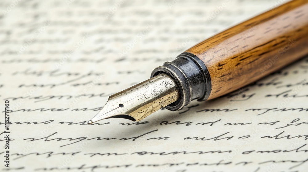 Fototapeta premium A detailed close-up of a fountain pen with a wooden handle resting on handwritten letter paper, evoking a sense of elegance, tradition, and timeless communication