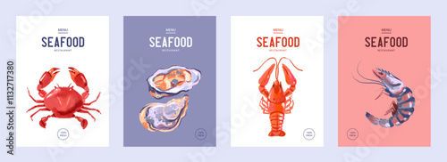 Hand drawn watercolor acrylic gouche sketch seafood vector banners. Sea background set. Menu design template