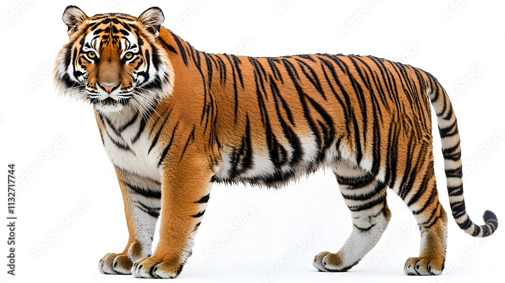 Obraz premium Majestic Bengal Tiger in Profile Stunning Wildlife Photography, Wild Cat, Endangered Species, Orange and Black Stripes, Powerful Animal, Big Cat, Nature Image, Isolated on White Background, Wildlife