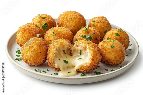 A plate of golden-fried arancini balls, crispy exterior with melted cheese oozing from a cut.
