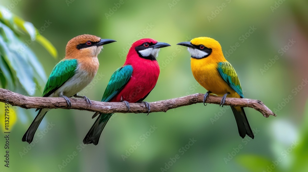Obraz premium Colorful birds perched on a branch in vibrant rainforest setting