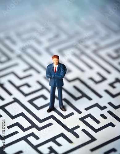 businessman stands facing a complex maze pattern, symbolizing challenges and decision-making in professional life photo