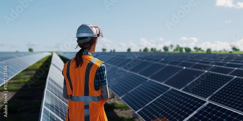 Solar Panel Inspection: Technician Examining Photovoltaic Cells at a Solar Farm photo