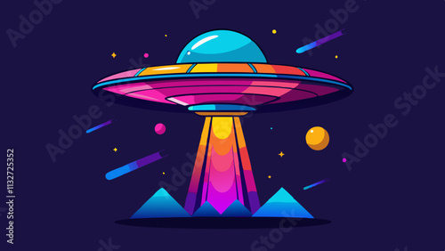 Retro-futuristic illustration of a UFO hovering over a desert landscape, with a bright sunset and neon lights.Vector neon print for 80s-90s style t-shirts