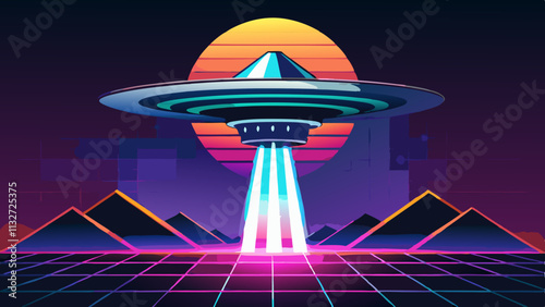 Retro-futuristic illustration of a UFO hovering over a desert landscape, with a bright sunset and neon lights.Vector neon print for 80s-90s style t-shirts