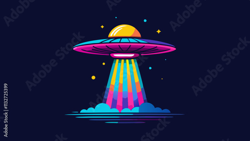 Retro-futuristic illustration of a UFO hovering over a desert landscape, with a bright sunset and neon lights.Vector neon print for 80s-90s style t-shirts