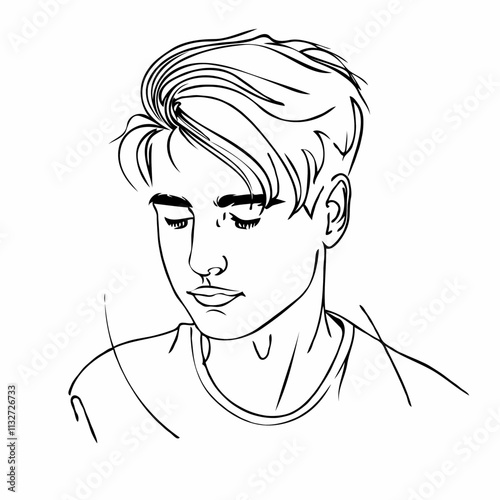 Young man in a minimalist linear art portrait. Time to love