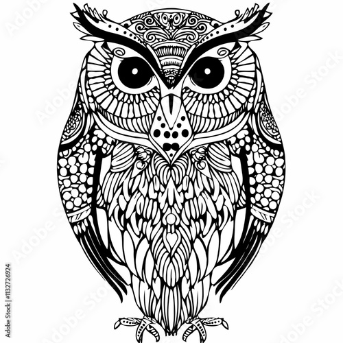Ornate owl illustration in black and white