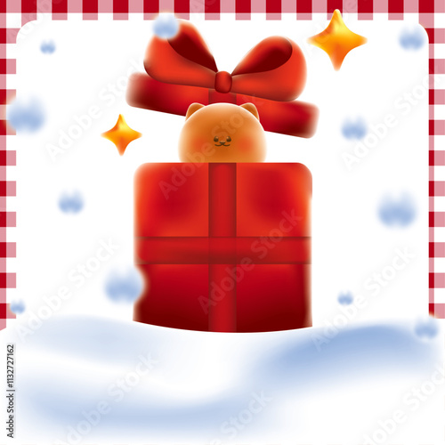 Christmas Gift box with cute dog in snow