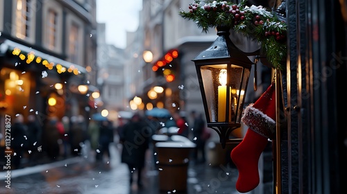 Snowy Christmas street scene with lantern, stocking, and blurred festive background. photo