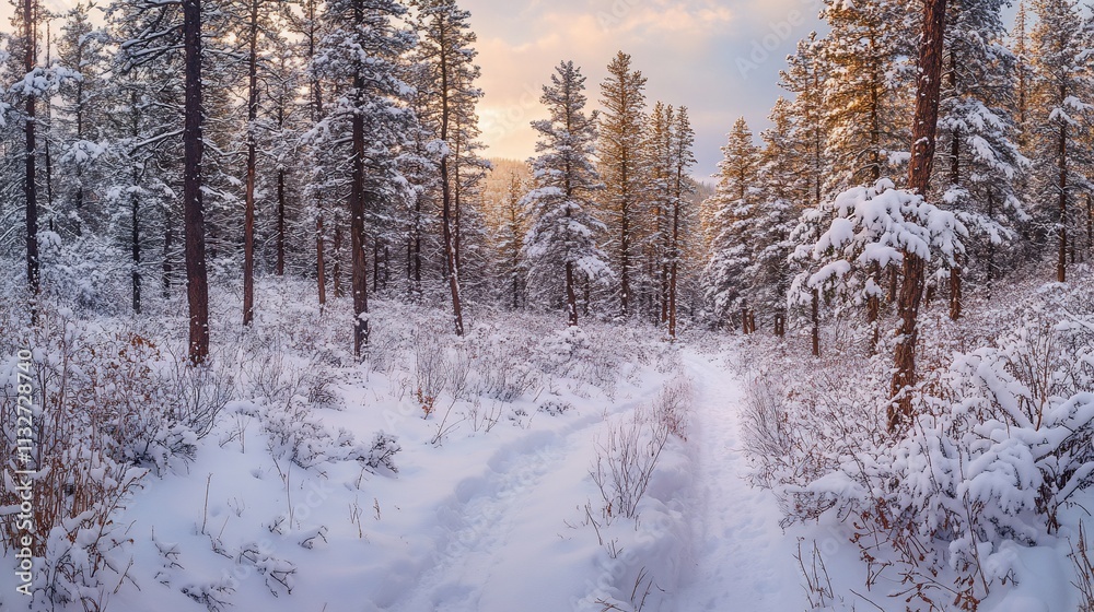Snowy Path Through a Winter Forest at Sunset Snowy Path Through a Winter Forest at Sunset