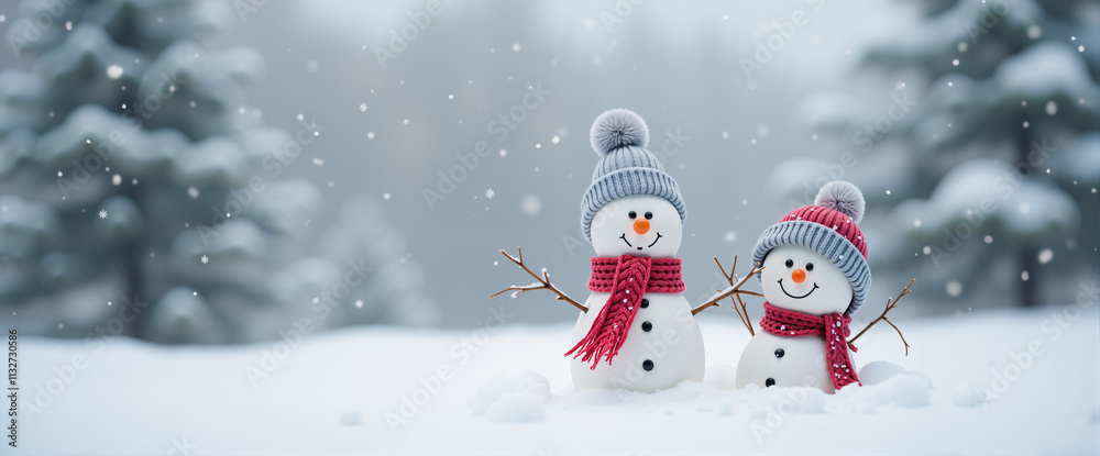 Fototapeta premium Two snowmen having fun on Christmas Day. Background, 22:9 wide angle view. AI generated.