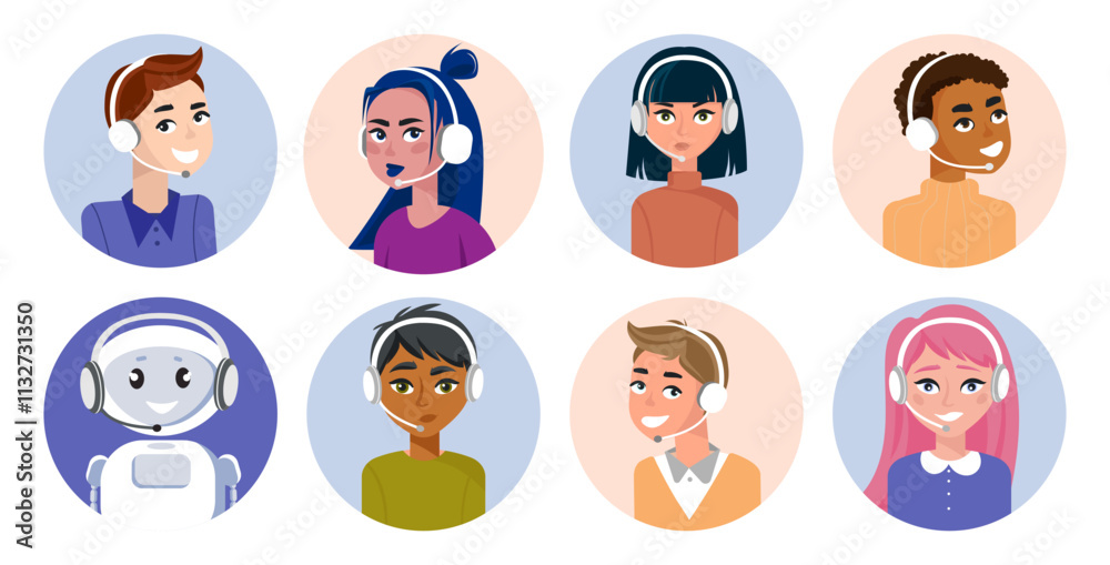 Customer support avatars set with different characters and robot. Call Center agent avatars set. Diverse Group friendly office workers in headphones icons. Client services and communication. Vector Customer support avatars set with different characters and robot. Call Center agent avatars set. Diverse Group friendly office workers in headphones icons. Client services and communication. Vector