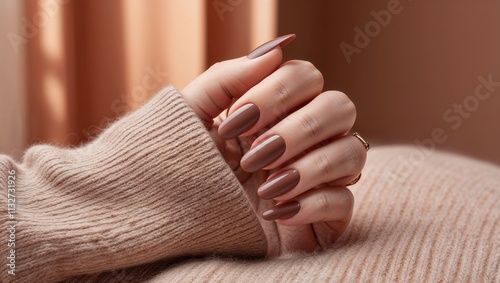 Mocha mousse nails styled with cozy sweater in warm tones
