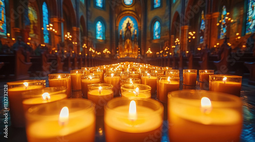 A cathedral interior with rows of candles creating a serene and sacred atmosphere
